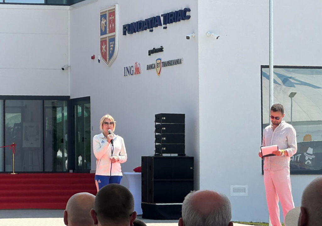 Nadia Comăneci speaks at the opening of the Nadia Comăneci Gymnastics Hall in Romania