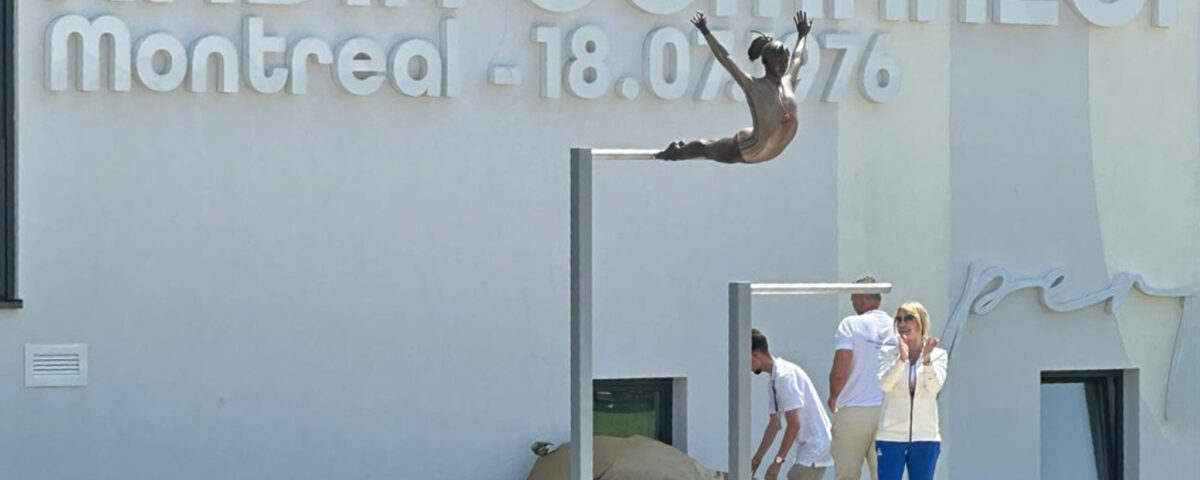 Bronze statue of Nadia Comăneci performing her 1976 perfect 10 routine, unveiled at the Nadia Comăneci Gymnastics Hall